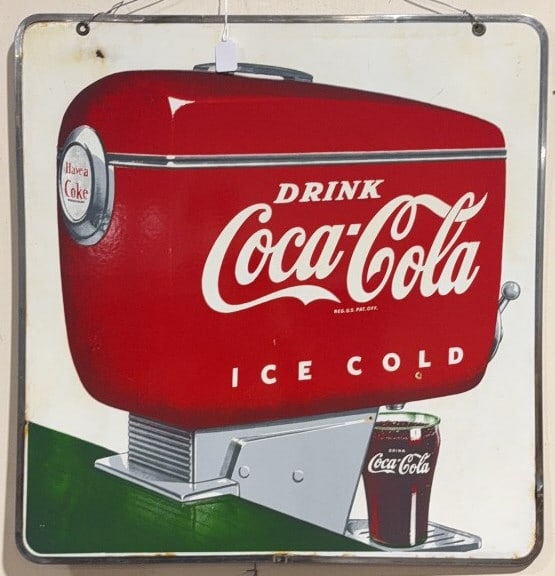 COCA-COLA 2 SIDED PORCELAIN SYRUP DISPENSER SIGN: 27" X 28"