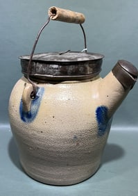H. COWDEN BLUE DECORATED STONEWARE BATTER JUG