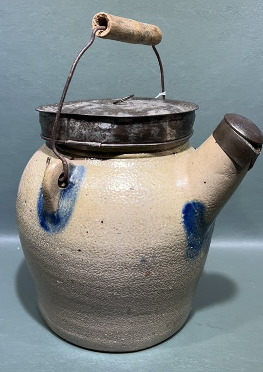 H. COWDEN BLUE DECORATED STONEWARE BATTER JUG: 9" X 10"