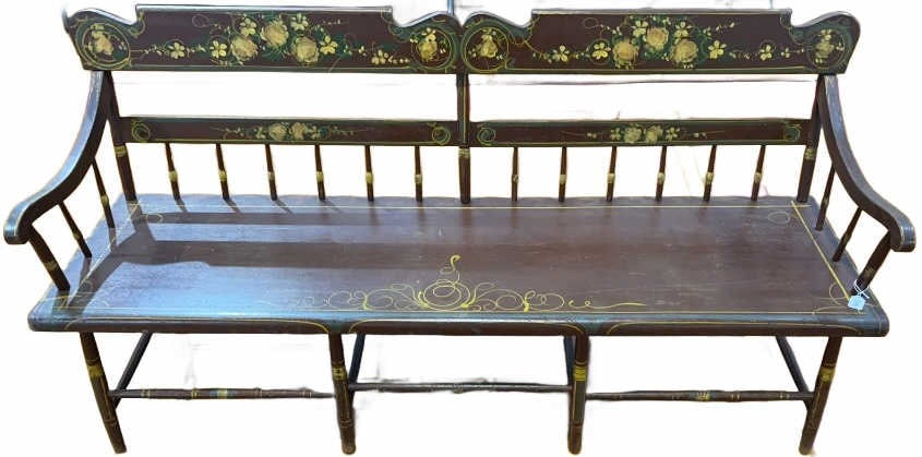 ANTIQUE PAINT DECORATED DEACON'S BENCH: 71" X 21" X 34-1/2"
