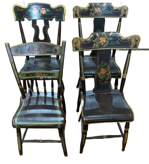 4 VARIOUS PAINT DECORATED ANTIQUE CHAIRS: 33" X 19"