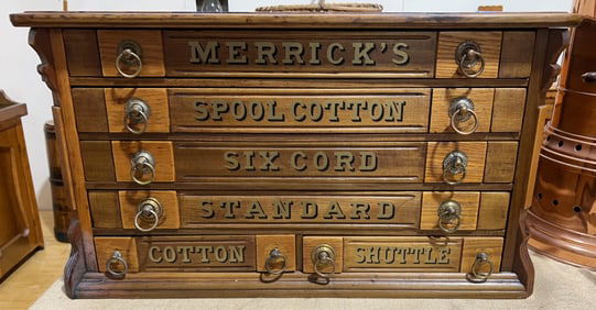 MERRICK'S ANTIQUE 6 DRAWER ADVERTISING SPOOL CABIN
