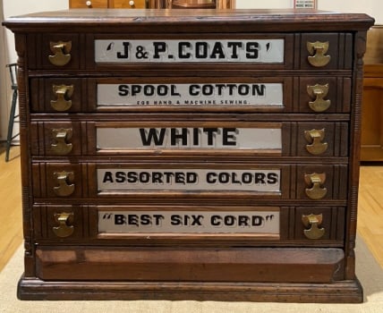 J & P COATS ANTIQUE WALNUT 5 DRAWER ADVERTISING CA: 20" X 24" X 15-1/2"
