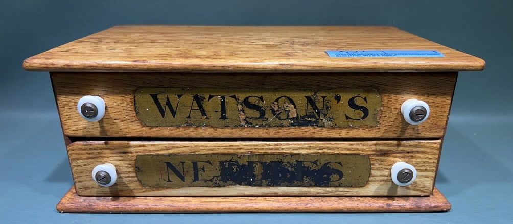 WATSON'S 2 DRAWER NEEDLE CABINET: 13" X 8" X 5"