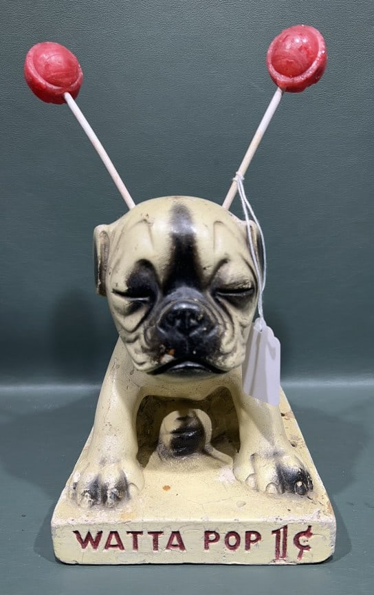 ANTIQUE "WATTA POP" BULLDOG CANDY COUNTER DISPLAY: CHALKWARE ~ 7-1/2" X 7" X 6"
