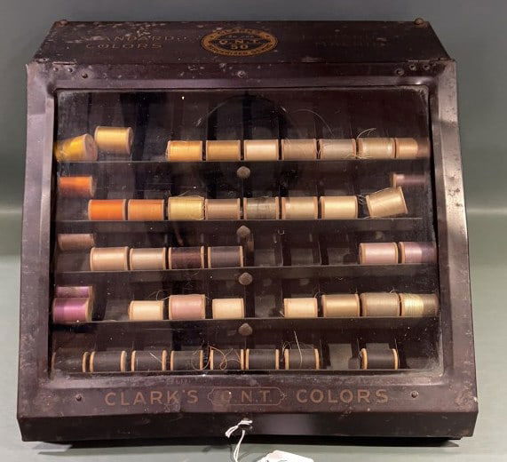 ANTIQUE CLARKS ONT METAL ADVERTISING SPOOL CABINET: 15" X 10" X 13"