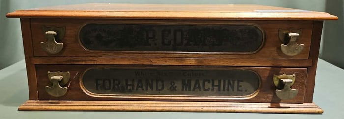 ANTIQUE J & P COAT'S WALNUT 2 DRAWER SPOOL CABINET