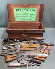 GENTS TOOL CHEST WALNUT NO. 13 & ANTIQUE TOOLS