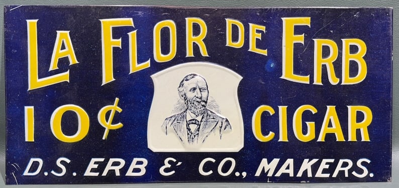 LA FLOR DE ERB CIGAR TIN ADVERTISING SIGN: 13-1/2" X 6"