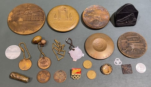 VARIOUS BRONZE ADVERTISING METALS, COINS, ETC