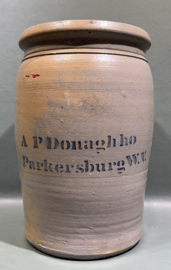 A. P. DONAGHHO PARKERSBURG W.VA. STONEWARE CROCK: 10" X 6"