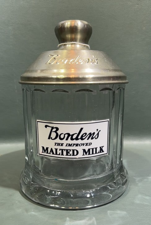 BORDEN'S MALTED MILK RIBBED GLASS DISPLAY JAR: 9" X 6 1/2"