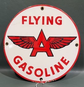 FLYING A GASOLINE ROUND PORCELAIN SIGN
