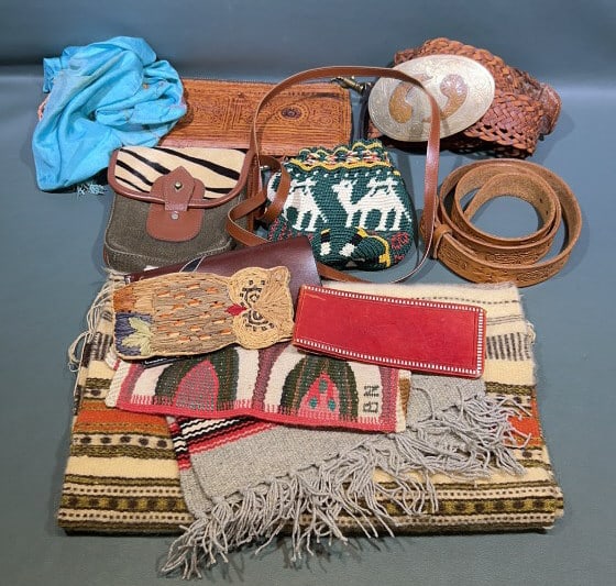 12 ECLECTIC LEATHER POUCHES, BELTS, & TEXTILES: Pouch measures 7" in length