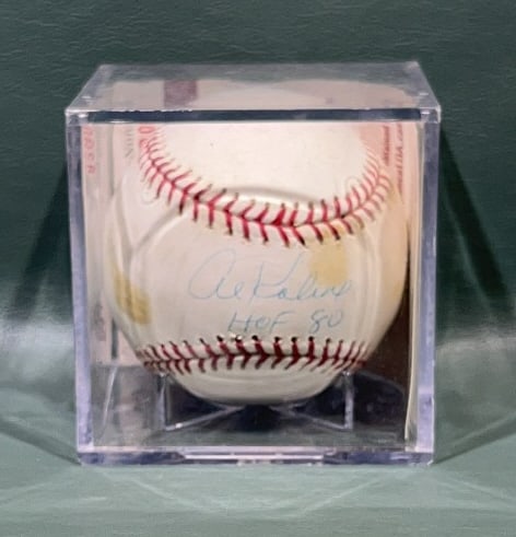 AL KALINE SIGNED BASEBALL W/ JSA COA: Case measures 3 1/4" x 3 1/4"