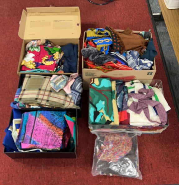 COLLECTION OF VINTAGE SCARVES INCLUDING SILK: Largest box measures 10" x 16"