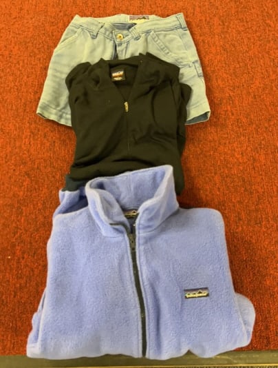3 PATAGONIA USA MADE JACKETS & SHORTS: Fleece size 12, zippered shirt size L, shorts no size tags. Largest piece measures 27" length