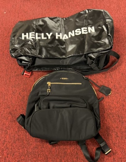 2 TUMI BACKPACK & HELLY HANSEN DUFFLE BAG: Largest bag measures 13" x 22"