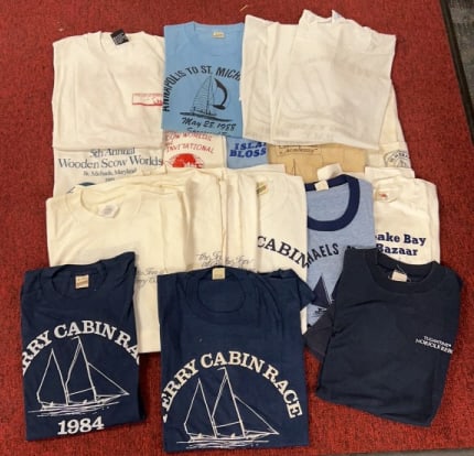 18 VINTAGE MARYLAND EASTERN SHORE SAILING SHIRTS: Various sizes. Most with stains. The inn at Perry Cabin shirt measures 30 1/2" length