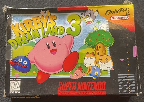 KIRBY'S DREAM LAND 3 SUPER NINTENDO GAME W/ BOX: Includes game, box, and manual. Box measures 5" x 7"