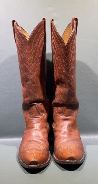 Pair VINTAGE RED STITCHED LEATHER COWBOY BOOTS: No tags or marks to interior. Measures 16 3/8" in height and is 11 1/2" in length.