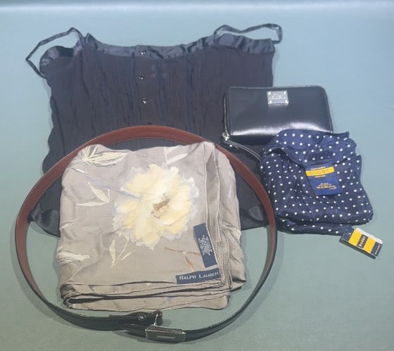 (5) RALPH LAUREN WRISTLET, BELT, Top, & 2 SCARVES: Small stains to floral scarf. Wristlet measures 4" x 6 1/8".