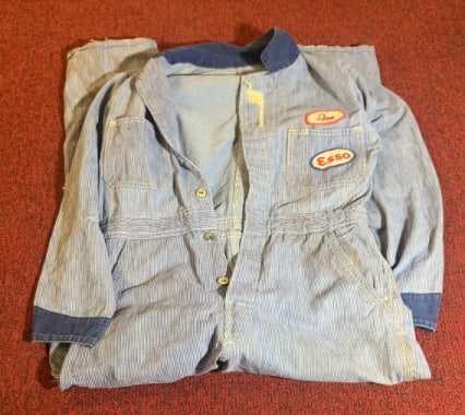 COVERALLS CO. STRIPED COVERALLS W/ ESSO GAS PATCH: Measure 58" in length.