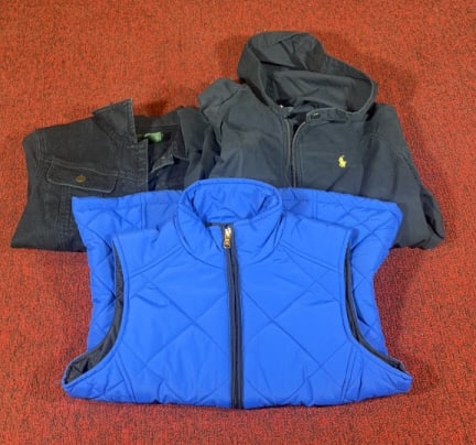 (3) RALPH LAUREN WOMEN'S JACKETS & VEST: Denim size XS. Hooded jacket size L. Vest size S. Vest measures 25" in length.