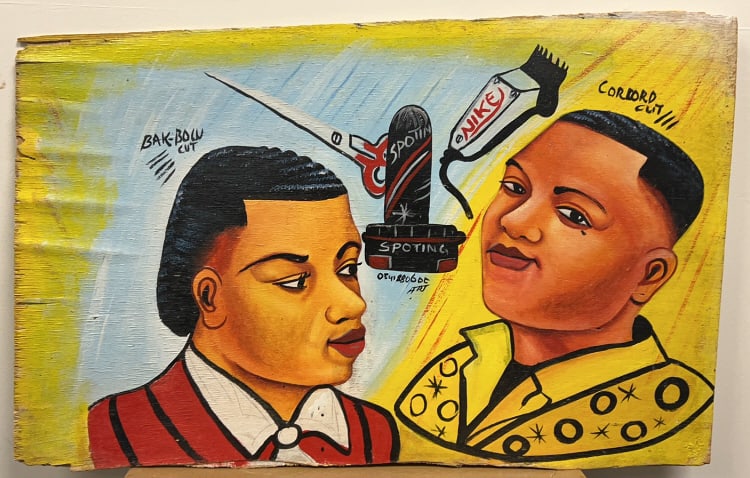 FOLK ART PAINTED BARBER SHOP HAIR STYLE SIGN: Measure 25" x 33 1/4".