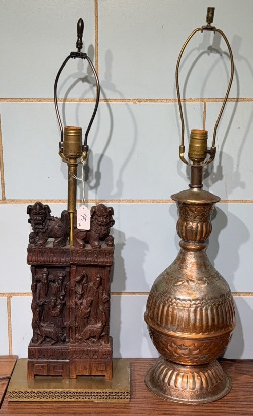 CARVED ORIENTAL WOODEN LAMP & METAL LAMP: 29" X 6"
