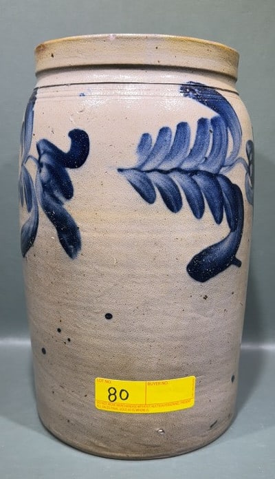 2 GALLON BLUE DECORATED STONEWARE CROCK: 13 1/2" X 7 1/2"