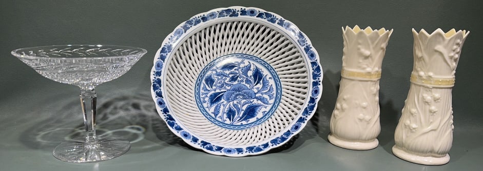 BELLEEK VASES, WATERFORD COMPOTE, & DISH LOT: BOWLS ARE 13" X 9?