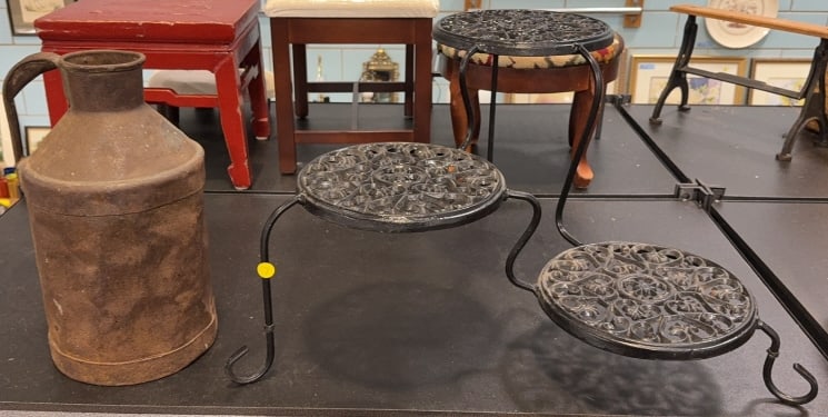 IRON PLANT STAND & MILK CAN: 26" X 15"