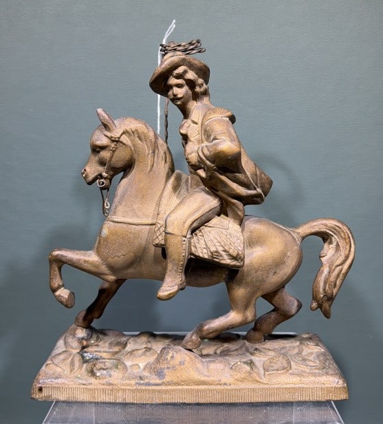 SPELTER FIGURE OF MAN ON HORSE: 10" X 9"