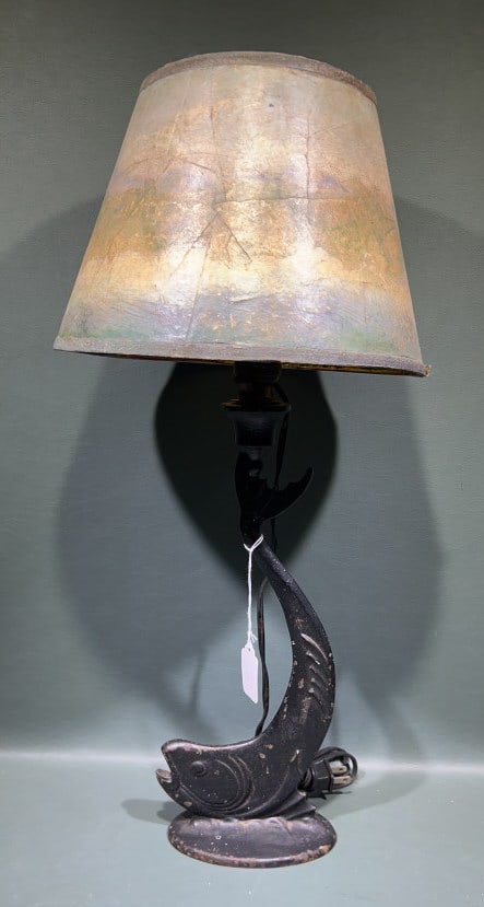 VINTAGE IRON FISH LAMP: 21" TALL