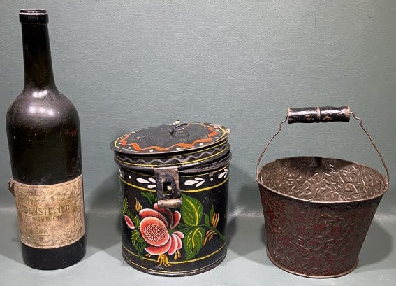 ANTIQUE TOLE WARE PILE & EARLY WINE BOTTLE: 11" TALL