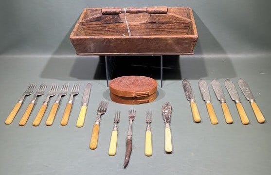 ANTIQUE UTENSIL CADDY, UTENSILS, PANTRY BOX: 13" X 3-1/2"