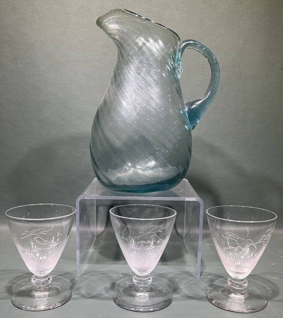 EARLY HAND BLOWN PITCHER & RICHARD BISHOP GLASSES (1 of 5)