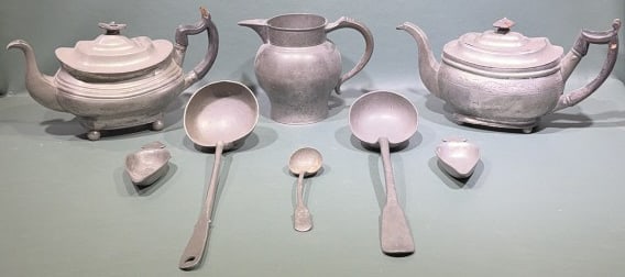 ANTIQUE PEWTER TEA POT & UTENSIL LOT (1 of 8)