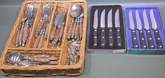 WOODEN HANDLED UTENSIL SET & STEAK KNIVES: ~