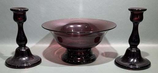 AMETHYST BOWL & CANDLESTICKS: 7" X 9"