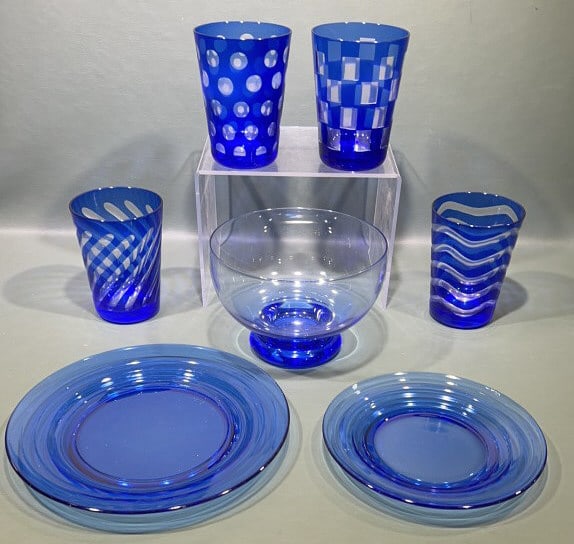 COLLECTION OF BLUE ART GLASS PLATES & TUMBLERS (1 of 7)