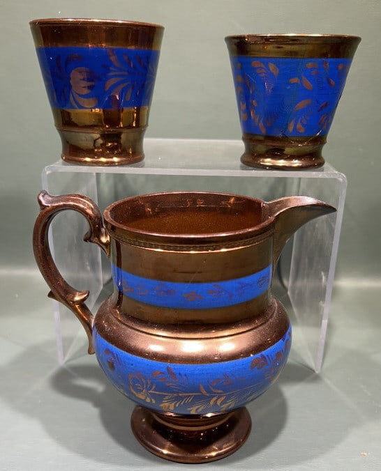 ANTIQUE COPPER LUSTER PITCHER & 2 CUPS (1 of 6)