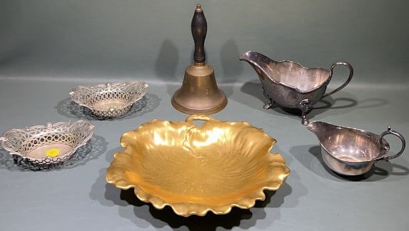 LIMOGES LEAF DISHES, BRASS BELL & SILVER PLATE LOT: 10" X 7-1/2"