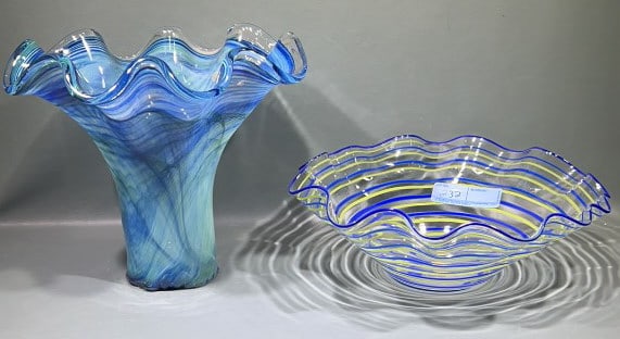 ART GLASS VASE & SIGNED ART GLASS BOWL: 10-1/2" X 13"