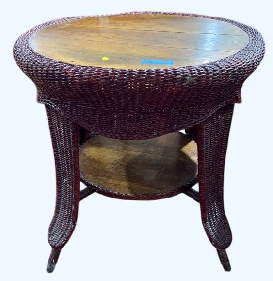 ANTIQUE OAK & WICKER CENTER TABLE: 32" X 30"