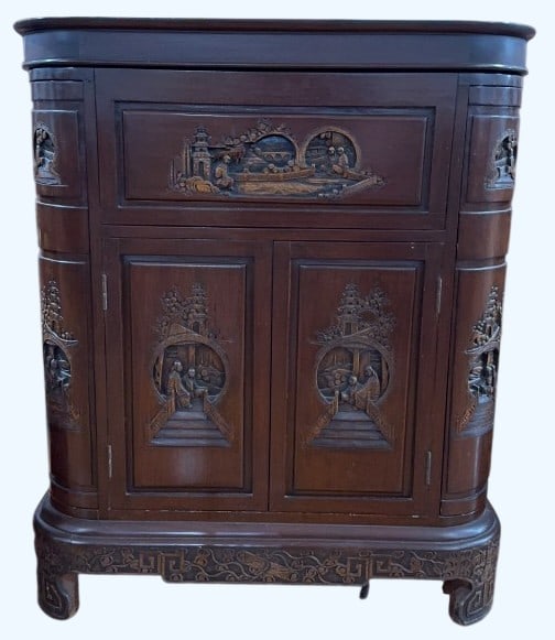 CARVED ORIENTAL LIQUOR CABINET/ BAR: 15" X 36"