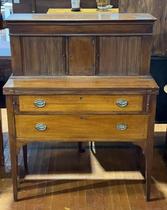 ANTIQUE INLAID MAHOGANY TAMBOUR FALL FRONT DESK (1 of 6)