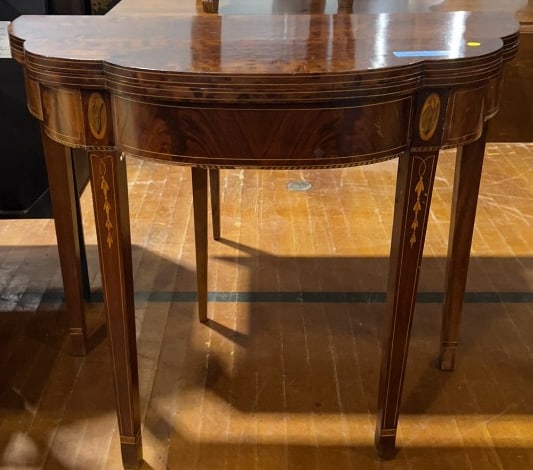 ANTIQUE INLAID MAHOGANY LIFT TOP GAME TABLE (1 of 6)