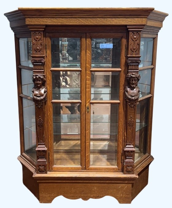ANTIQUE OAK CARVED CHINA CABINET W/ FIGURES: 47" X 19" X 54 1/2"